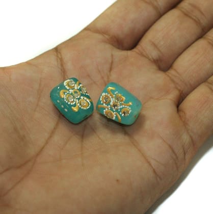 5 Pcs, 17x13mm Handpainted Kundan Work Tumble Beads Turquoise-Glass