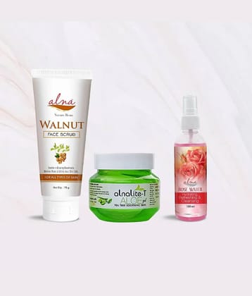 Alna Walnut Face Scrub 75gm with Alnalite-T Aloe Gel 100gm & Rose Water 100ml , Pack of 3