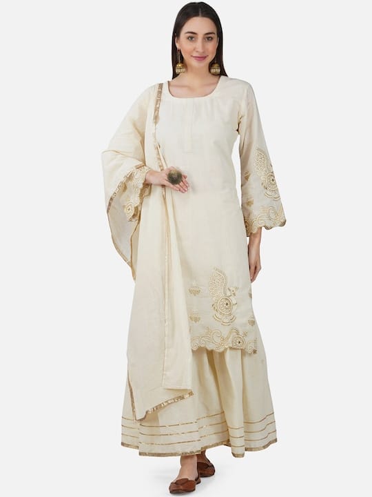 Ethnic Motifs Gotta Patti Pure Cotton White Romance Kurta with Sharara & Dupatta
