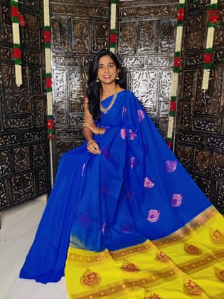 Blue Yellow Soft Silk Saree Without Border