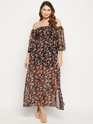Off Shoulder Floral Printed Georgette Maxi Dress With Belt