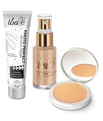 Iba Primer, Foundation,Compact Combo ,Natural Beige , Long Lasting, Full Coverage Base Makeup, (Pack of 3)