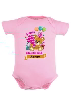 One Month Milestone Baby Romper | Onesies - Birthday Teddy w/ Custom Name-Baby Romper / Pink / 0-3 Months