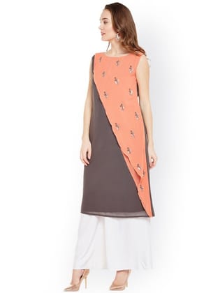 Women Grey & Orange Embellished A-Line Kurta