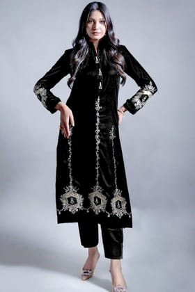 Black Color Winter Velvet Stitched Suit ( Kurti With Pant )-Velvet / XL ( TOP XL42)  (Bottom XL36-40) / Dry Clean only