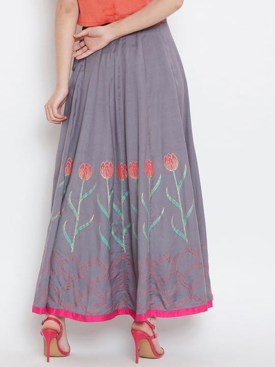 Women Grey Printed Maxi-Length Flared Skirt>