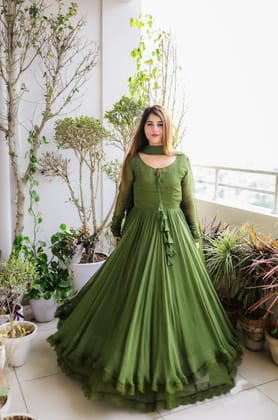 Faux Georgette Lace work With Tussels Gown (Stitched)-M(38)