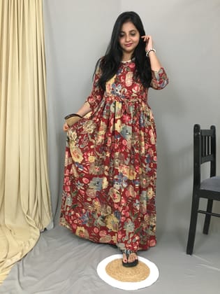 Maroon Grey Flower - Maternity Kurti with Feeding Zips - Soft Rayon-40 - 42 ( L - XL )