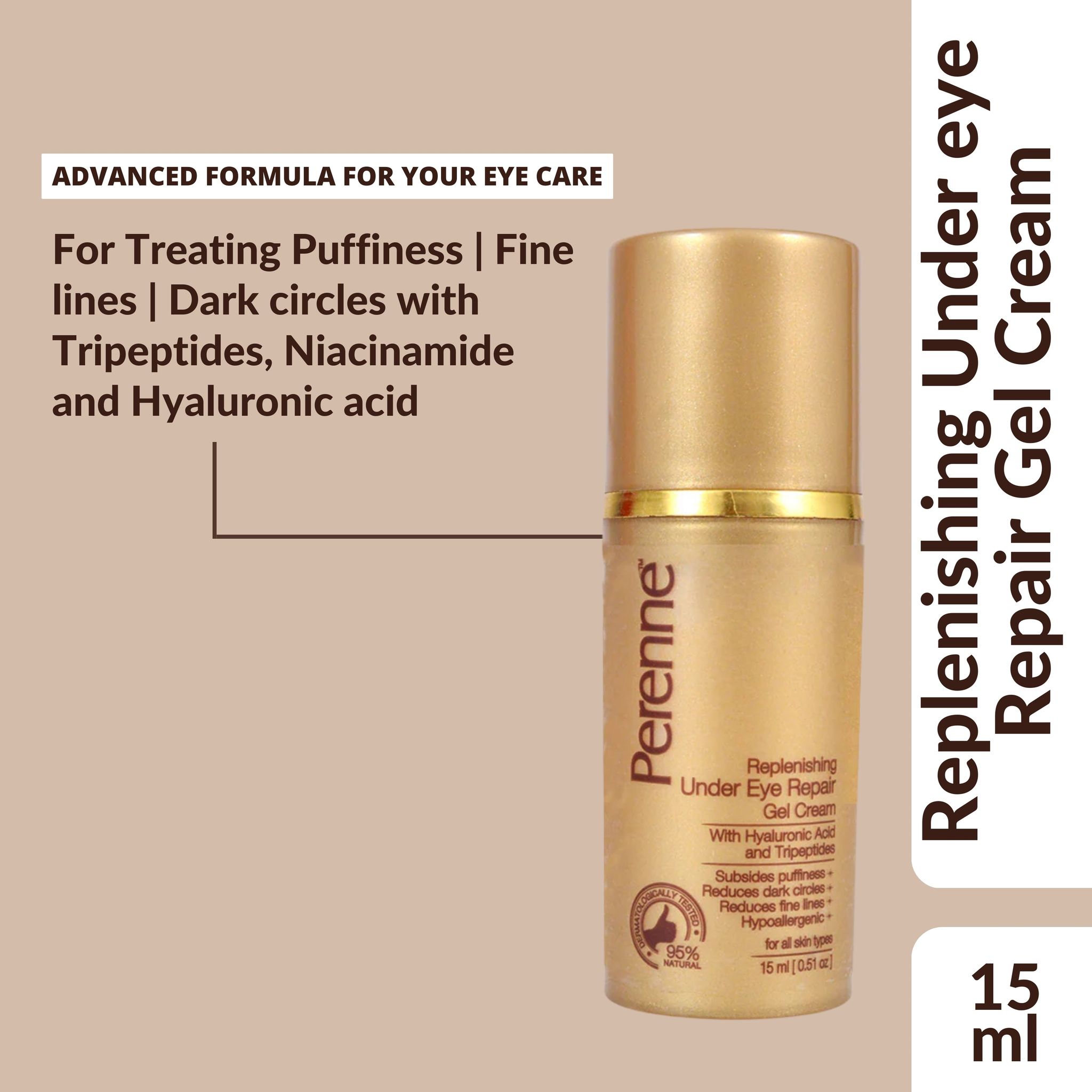 Perenne Replenishing Under Eye Repair Gel Cream | Reduces Dark Circles & Puffiness | Hydrating & Firming | Tripeptides, Niacinamide & Hyaluronic Acid | Lightweight & Non-Greasy (15ml)-Pack Of 1 (