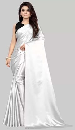 ANSH Womens Satin Solid Saree length (5.5m) & Blouse Piece Size (0.8m) (White)