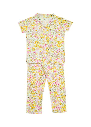 Floral Bliss Cream base Collar T-shirt Pyjama Set 100% Hosiery Cotton size M
