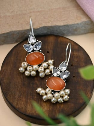 German Silver Oval Monalisa Pearl Drop Hook Earrings | Sarichka-Orange