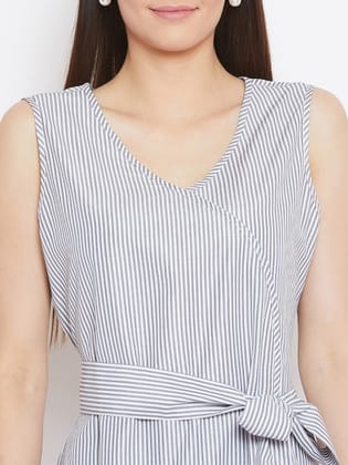 Women Grey & White Striped A-Line Midi Dress