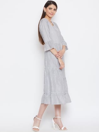 Women Grey & White Striped A-Line Dress
