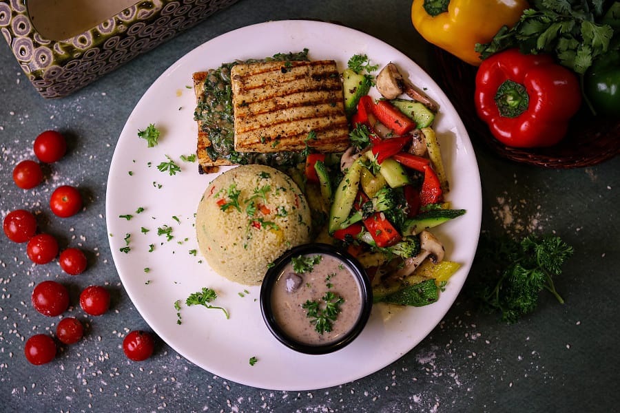 Stuffed paneer meal with couscous / brown rice