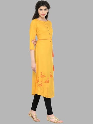 Women Mustard Yellow Dyed Thread Work Kurta