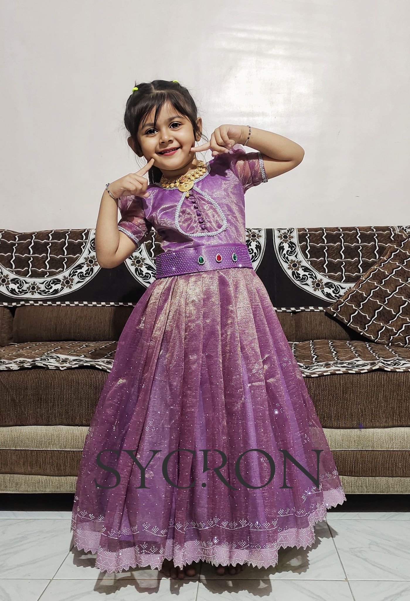 Rare Pure Twil Silk Fabric With Swarovski Work Gown for Kids-Purple / 1 Year