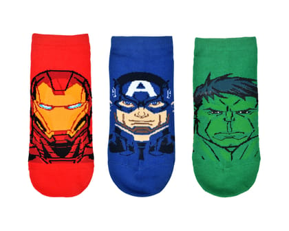Balenzia X Marvel Character Iron Man,Captain America & Hulk Themed Ankle Length Socks for Men-(Pack of 3 Pairs/1U)(Free Size)Blue,Red,Green-Stretchable from 25 cm to 33 cm / 3N
