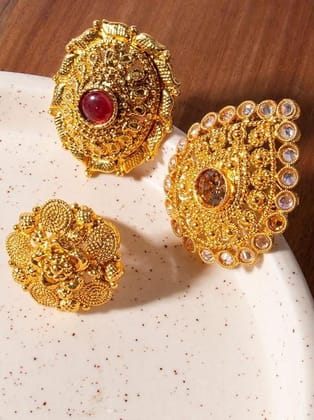Rajwadi Inspired Gold Finish Adjustable Finger Ring Combo Set