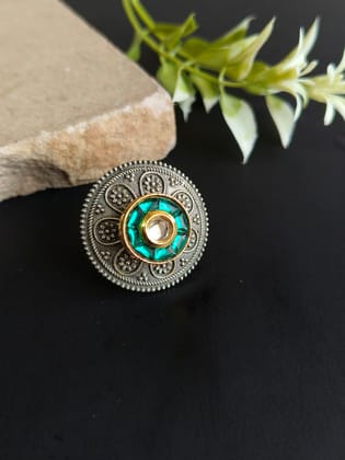Floral Adjustable Ring with Ruby and Kundan Accents with Antique Silver-Tone-Green