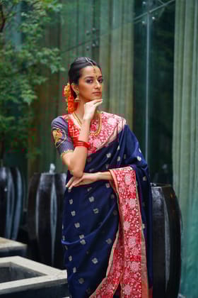 Navy Blue Pure Silk Bridal Saree-S