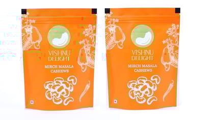 Vishnu Delight Mirch Masala Flavored Cashews 250gm Pouch - A Perfect Blend of Spices and Flavor, Crunchy and Deliciously Addictive Snacking Option (Pack of 2)
