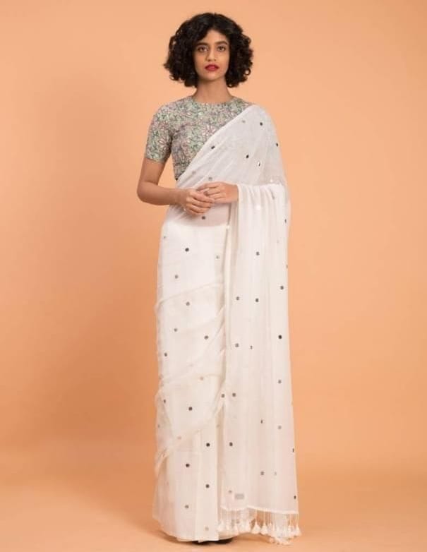 Handwoven White Cotton Saree