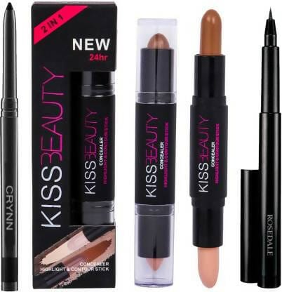 Crynn Smudge Proof Essential Makeup HD18 Rosedale Beauty Kajal & Kiss Beauty Concealer Highlighter Contour Stick & Glam 36H Deep Black Liquid Eyeliner