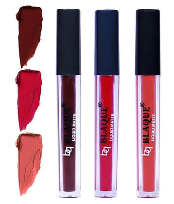 bq BLAQUE Matte Liquid Lipstick Combo of 3 Lip Color 4ml each, Waterproof - Chocolate Mood, Dark Pinkish Red, Dark Coral