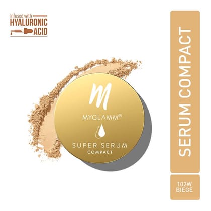 MyGlamm Super Serum Compact - 102W Beige | Skin-Perfecting Hydrating Compact Powder With Hyaluronic Acid & Vitamin E for Skin Protection (9g)