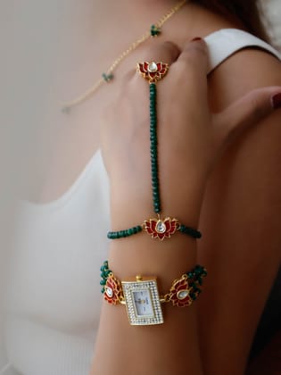 Meghan Hathphool and Wrist Watch Kundan Set-Green