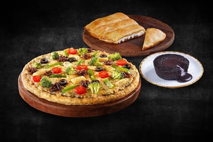 1 Veg Medium Pizza + Free Garlic Bread & Choco Lava (Save Rs 258) __ Corn & Cheese Pizza (Serves 2),Cheese Infused Garlic Bread + Choco Lava Cake (Save Rs 258)