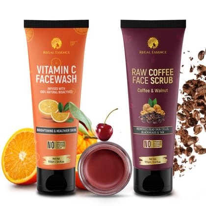 Regal Essence Raw Coffee Face Scrub + Vitamin C Face Wash + Lip & Cheek Tint ( COMBO PACK)