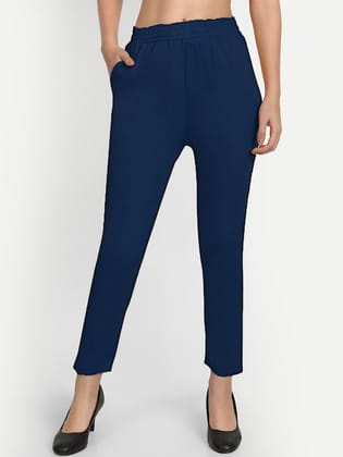 Women Navy Blue Solid Stretchable Trouser