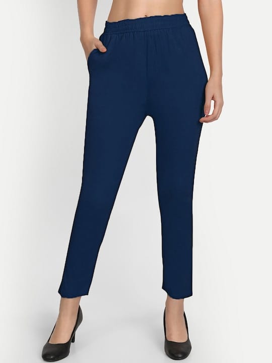Women Navy Blue Solid Stretchable Trouser