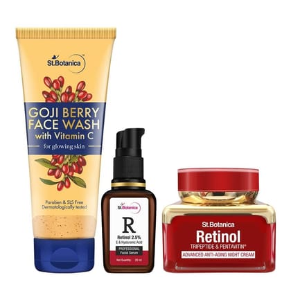 St.Botanica Radiance Renewal Kit  | Goji Berry Face Wash + Retinol 2.5% Serum + Retinol Night Cream