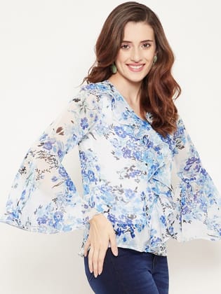 Brown Floral Print Bell Sleeves Georgette Top