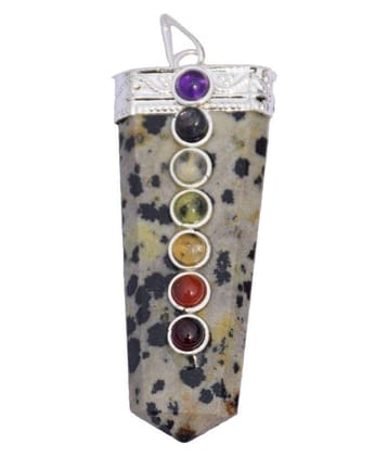 Rudradivine White Stone Dalmation Jasper Stone Flat Shape Cap Pencil Pendant with Seven Chakra for Unisex - Off White