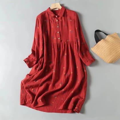 Graceful Pure Cotton Lantern Sleeve Midi Dress-Red / S