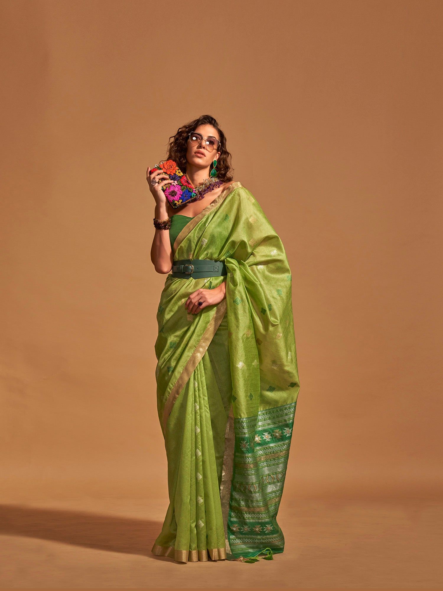 Parrot Green Soft Silk Woven Designed Handloom Saree With Tassels
