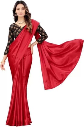 ANSH Womens Satin Solid Saree length (5.5m) & Blouse Piece Size (0.8m) (Red)