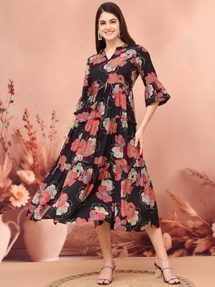Black Color Floral Printed Premium Chanderi Ethnic Dress-S