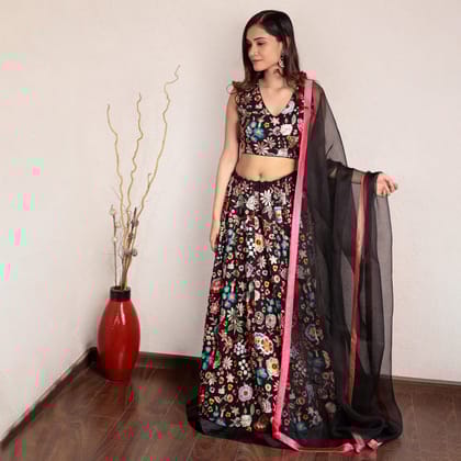 Black floral embroidered V-neck lehenga with organza dupatta-XS