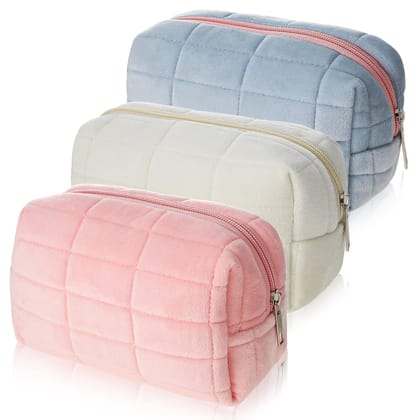 SkyShopy 1 Pcs Plush Makeup Bag Checkered Cosmetic Bag Cosmetic Travel Bag Large Zipper Travel Toiletry Bag Portable Multi Functional Capacity Bag Cute Makeup Brushes Storage Bag for Women, Pink,