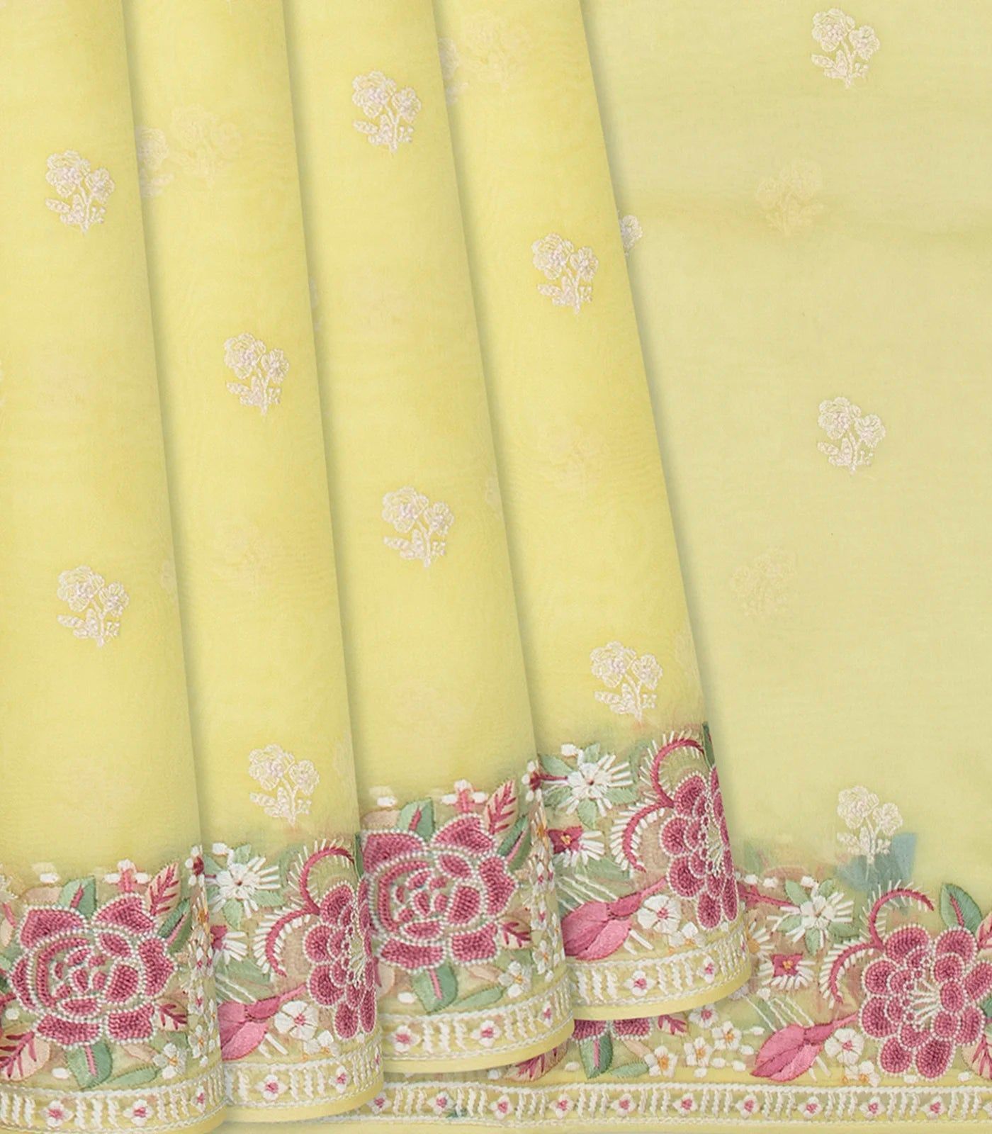 Light Yellow Organza Silk Saree With Meena Embroidered Motifs-Yellow-Yellow