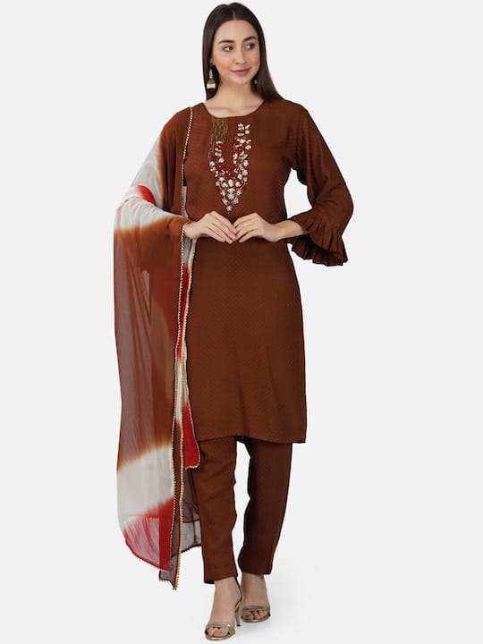Floral Embroidered Kurta with Trousers & With Dupatta