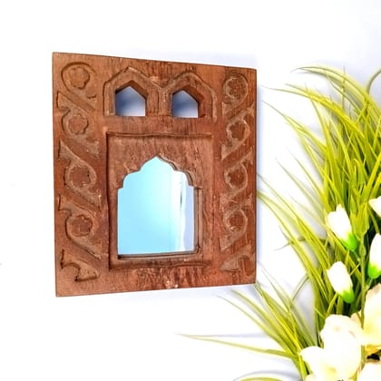 Wooden Mirror Frame | Traditional Indian Jharokha | Rustic Wall Mirror With Antique Finish - For Wall Decor, Entrance, Living Room, Home & Office Decor, & Gifts - 9 Inch-Design 1
