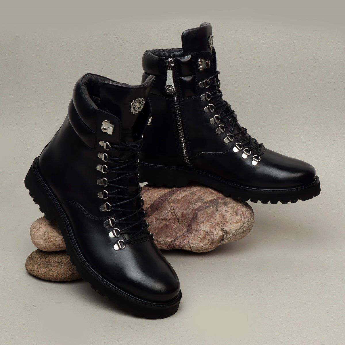 Customized Height Bespoke Black Leather Light Weight Biker Boots For Men By Brune & Bareskin-40/6