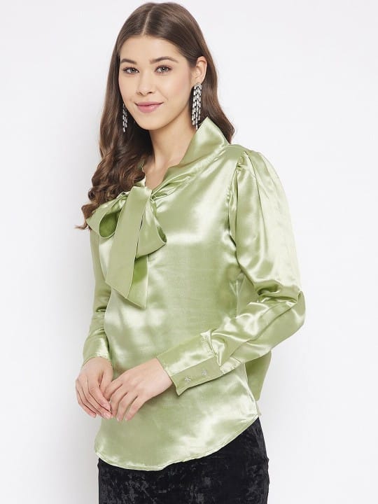 Tie-Up Neck Cuffed Sleeves Satin Top