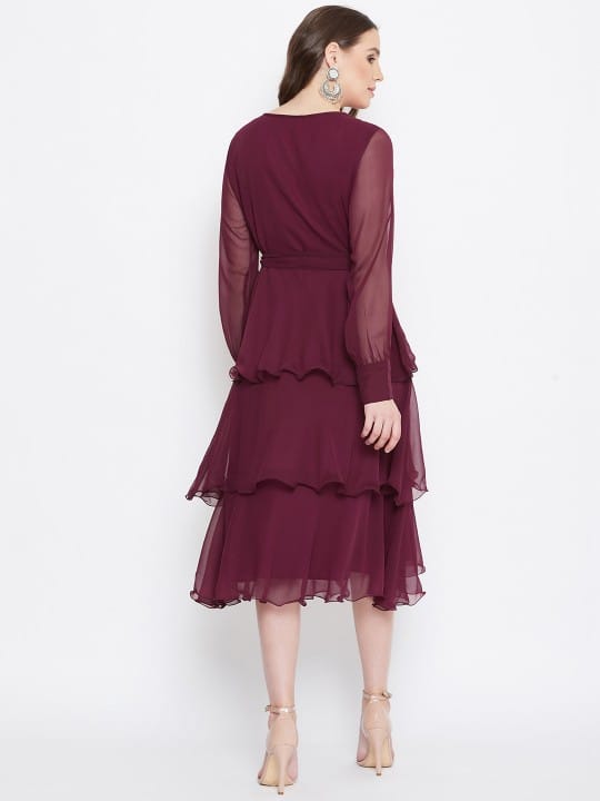 Women Burgundy Embroidered Fit and Flare Dress